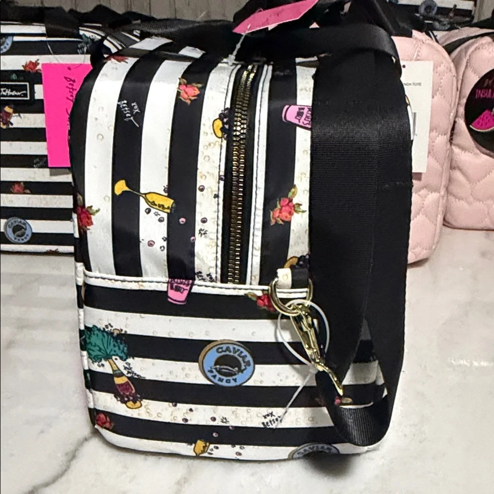 Betsey Johnson Black and White Striped Lunch Tote with Colorful Accents - Picture 4 of 7